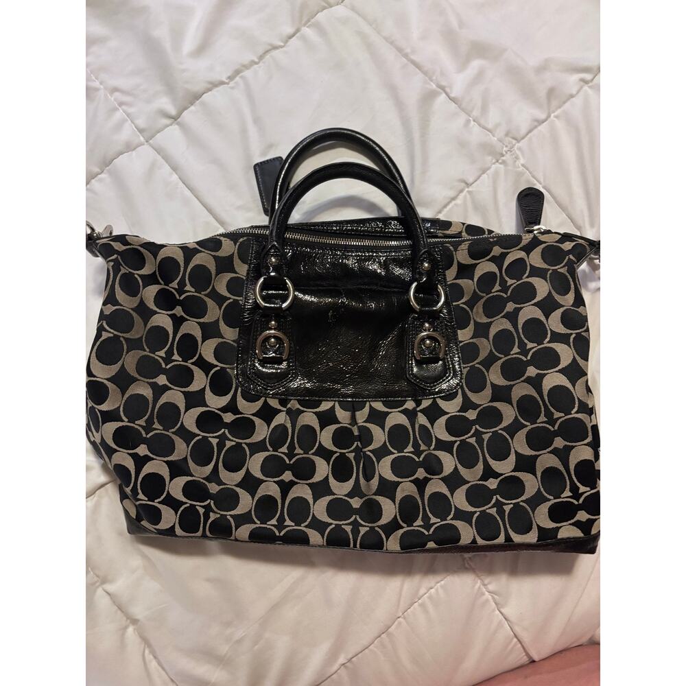 Coach Signature Satchel Carryall Tote Black Gray Patent Leather F15440 - Picture 3 of 16